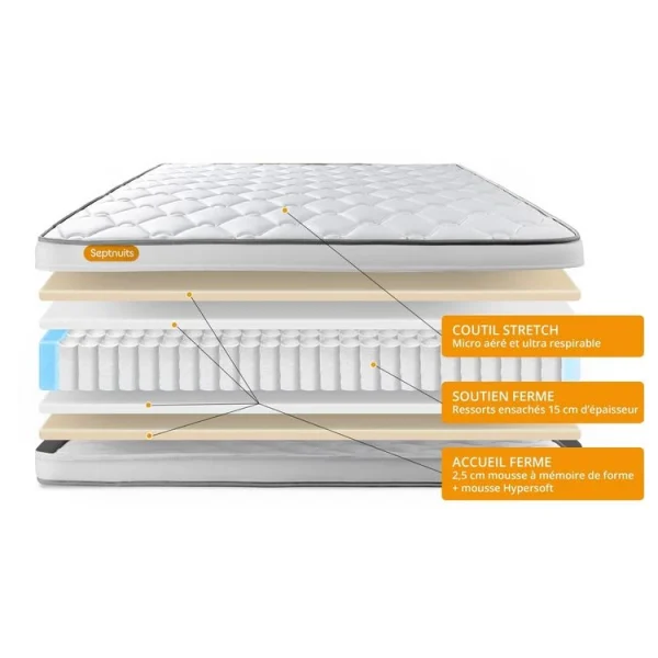Bon marché 🔥 SEPTNUITS Matelas Ressorts Ensachés 90×190 Memo Spring 3 Zones De Confort MAXI épaisseur 🛒 3
